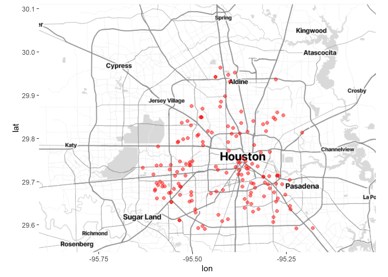 Houston map with crime locations